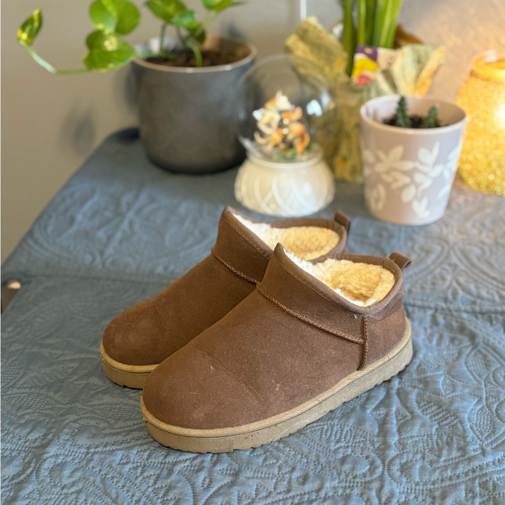 Women’s brown suede ankle booties with sheepskin lining
